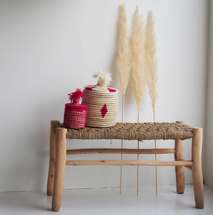 Large LIM decorative bench made of wood and woven doum