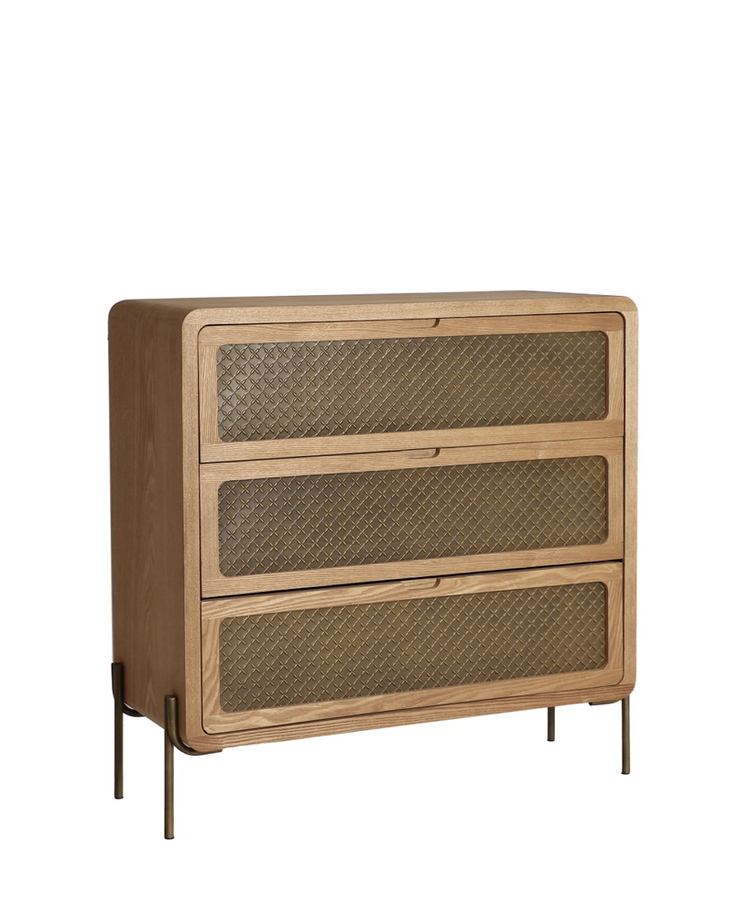 Cómoda Nevoy, madera de pino en color marrón, patas metálicas color oro envejecido