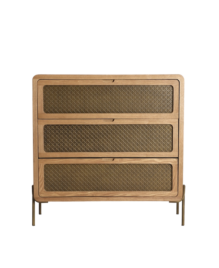 Cómoda Nevoy, madera de pino en color marrón, patas metálicas color oro envejecido