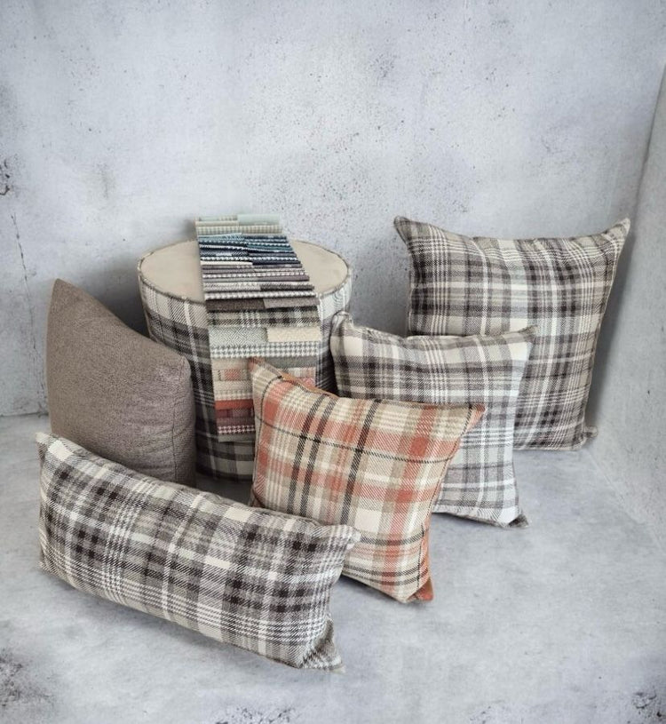 Morís cushion, camel-coloured suede and orange checks