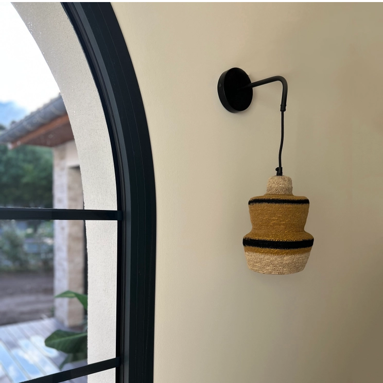 ANTIQUE natural seagrass wall lamp, ochre and black 15xH25