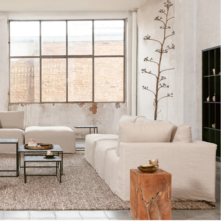 Mauricio 100 modular pouf sofa, removable, raw natural linen cover