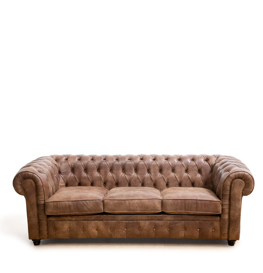 Sofá Oxford, estilo chester 3 plazas, tapizado en piel cuero, 215cm