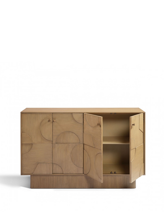 CLEMENCE sideboard in natural wood with 4 doors with relief