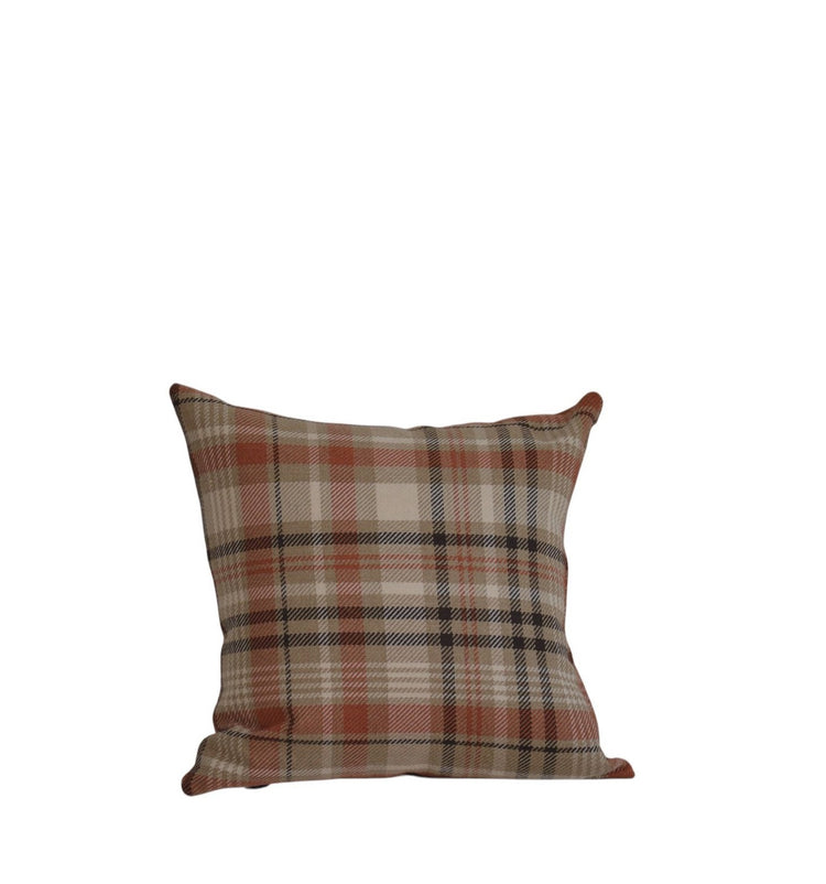 Morís cushion, camel-coloured suede and orange checks