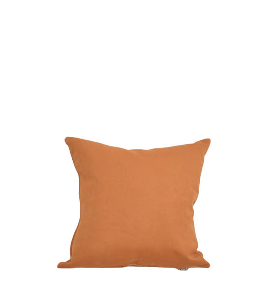 Morís cushion, camel-coloured suede and orange checks