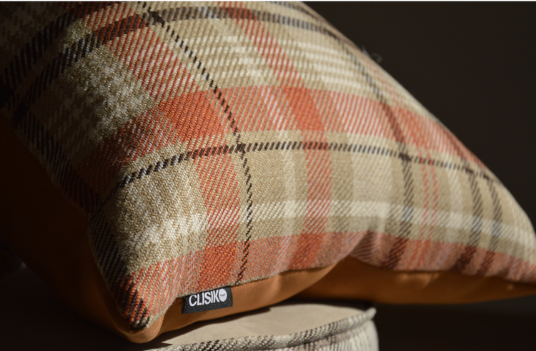 Morís cushion, camel-coloured suede and orange checks
