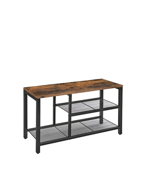 Meda shoe bench, black iron and honey-coloured pine wood finish