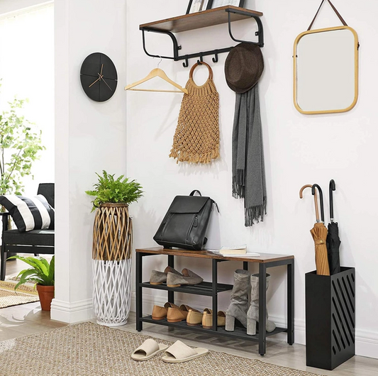 Meda shoe bench, black iron and honey-coloured pine wood finish