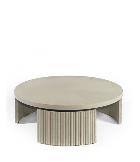 SERENA round coffee table in greyish white and black metal with slatted legs