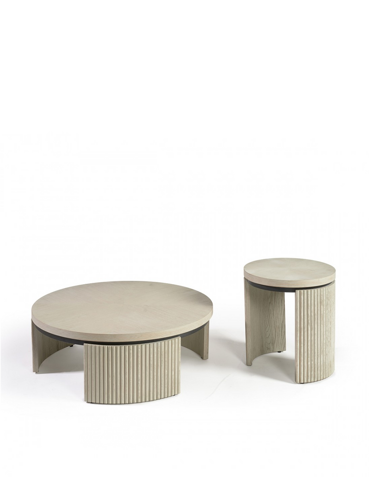 SERENA-1 round side table in greyish white and black metal with slatted leg
