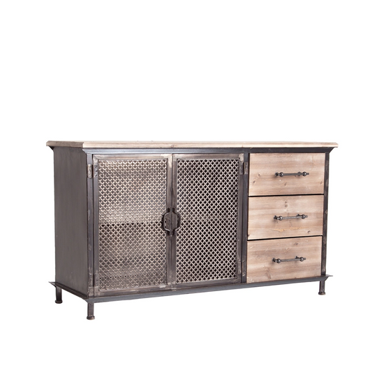 Buffet Newport de hierro en color negro/natural, tablero de madera de abeto