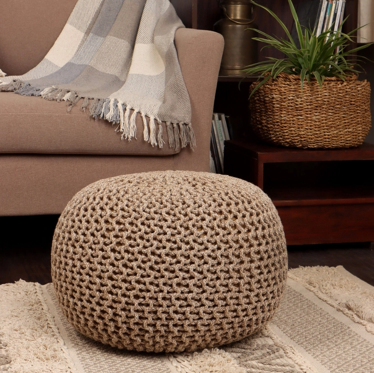 REDEARTH Round Stuffed Poufs (19.5 x 19.5 x 14 inches), Ivory Beige