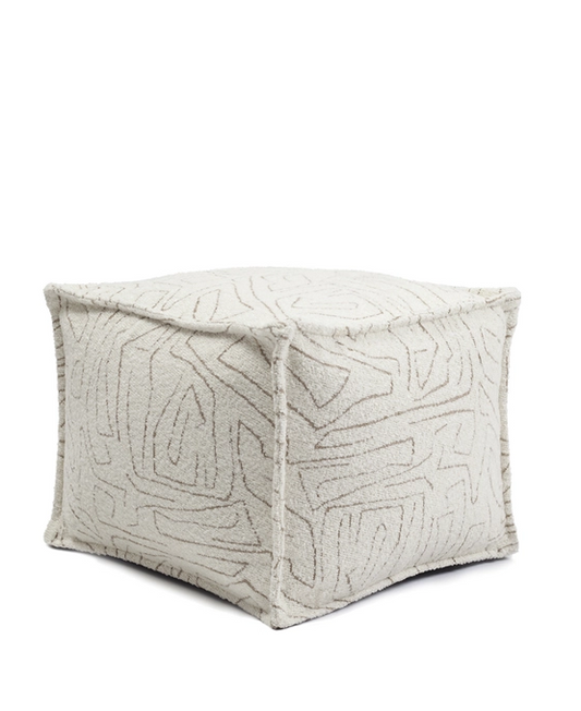 Ottoman pouf, fabric, minimalist print, white and beige color