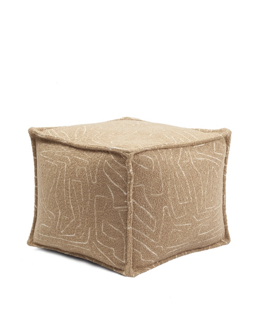 Ottoman pouf, fabric, minimalist print, camel and white color