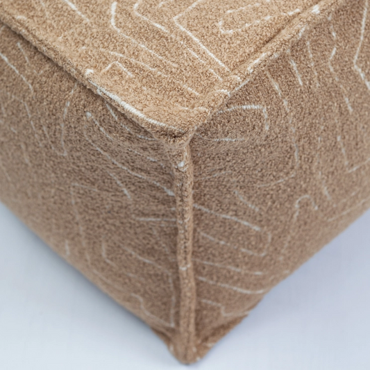 Ottoman pouf, fabric, minimalist print, camel and white color