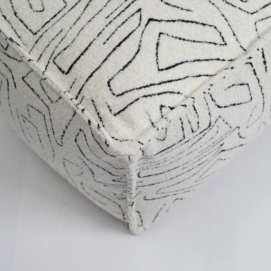 Ottoman pouf, fabric, minimalist print, black and white color