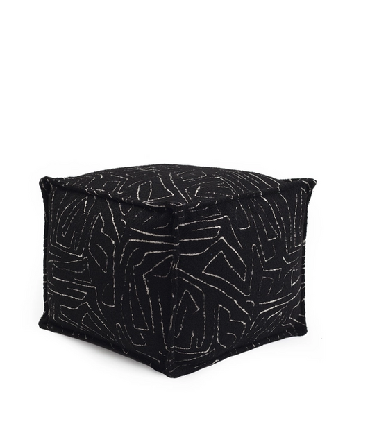 Ottoman pouf, fabric, minimalist print, black and white color