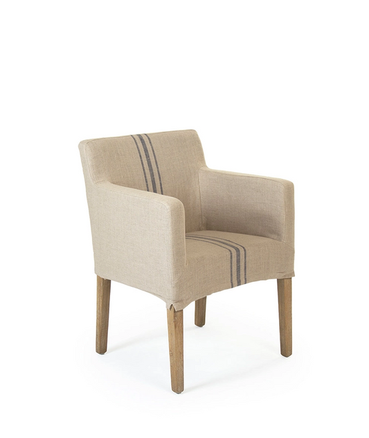 Avignon armchair, one seater, upholstered in natural linen with blue stripes