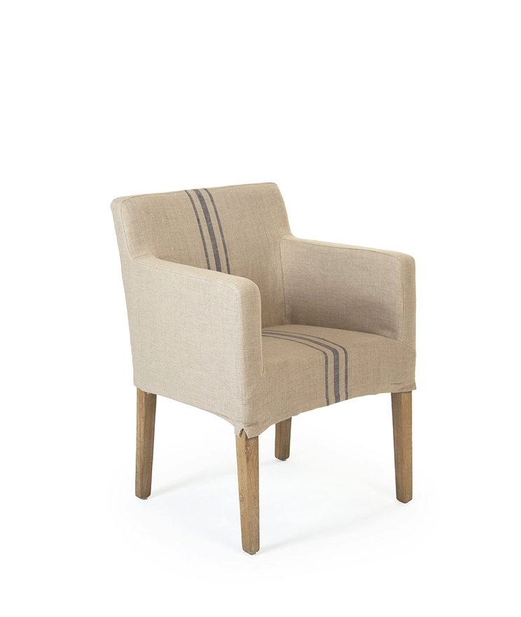 Avignon armchair, one seater, upholstered in natural linen with blue stripes