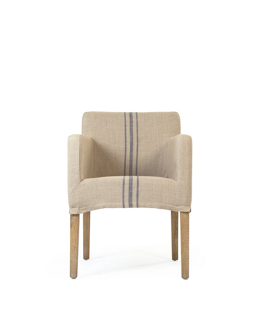 Avignon armchair, one seater, upholstered in natural linen with blue stripes