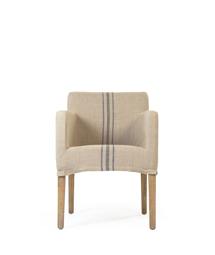 Avignon armchair, one seater, upholstered in natural linen with blue stripes