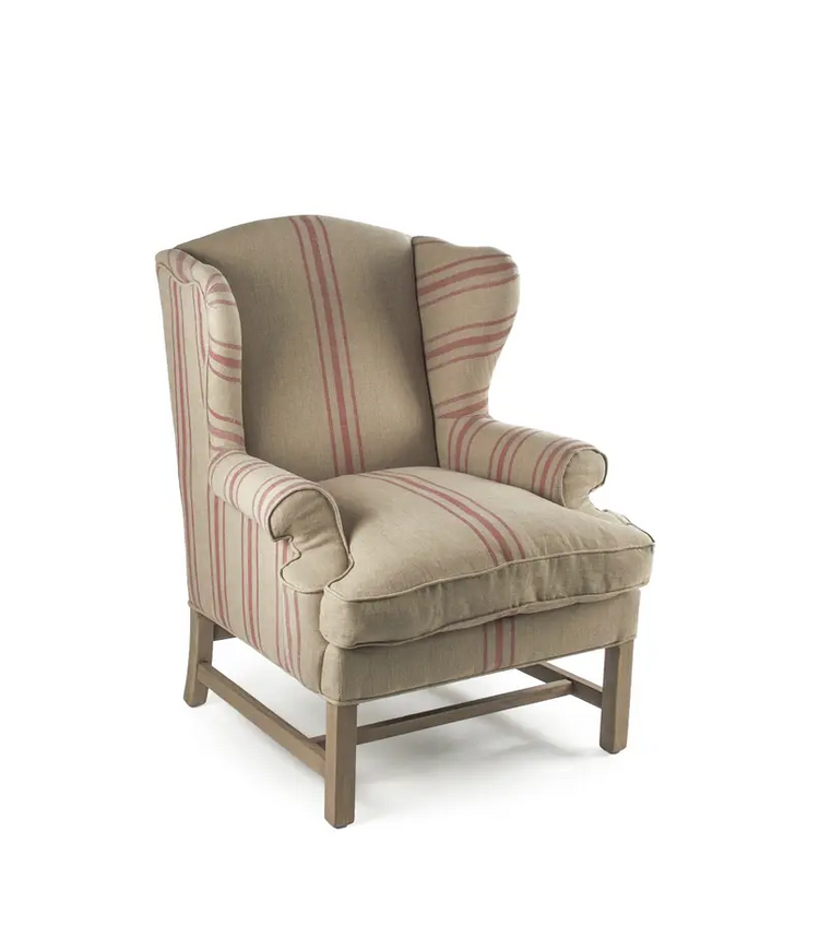 Fabien Wingback armchair, one-seater, upholstered in natural linen, with brick red stripes