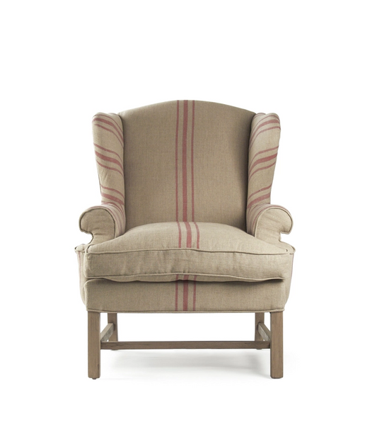 Fabien Wingback armchair, one-seater, upholstered in natural linen, with brick red stripes
