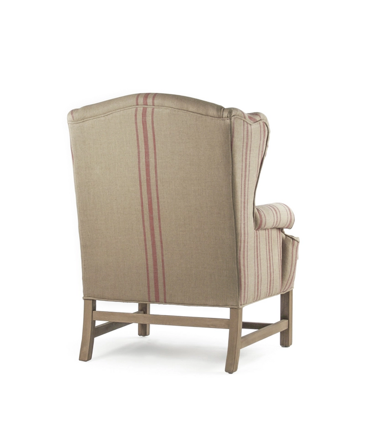 Fabien Wingback armchair, one-seater, upholstered in natural linen, with brick red stripes