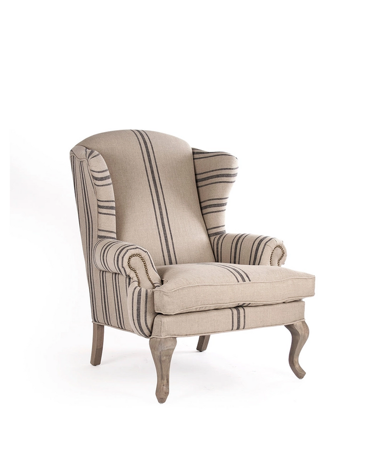 Zacharie Club Chair, one seater, upholstered in natural linen, with brown stripes