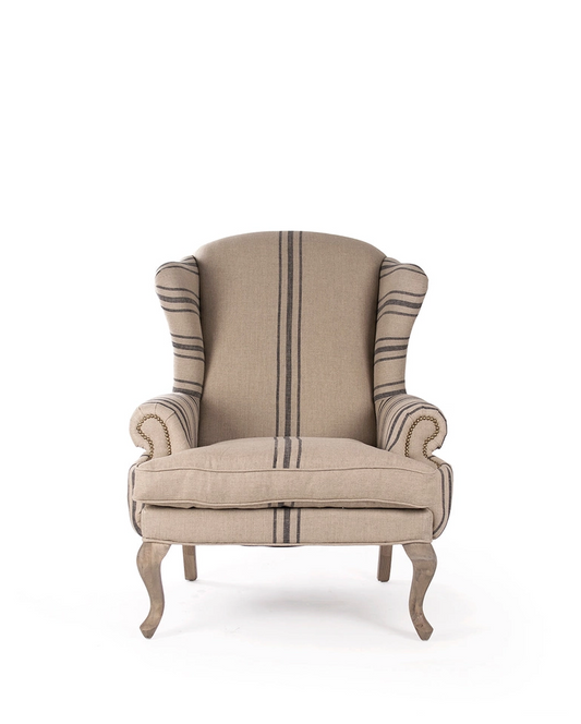 Zacharie Club Chair, one seater, upholstered in natural linen, with brown stripes