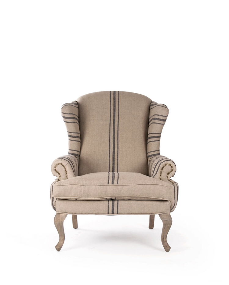 Zacharie Club Chair, one seater, upholstered in natural linen, with brown stripes