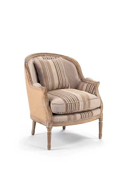 Roland Club armchair, one-seater, upholstered in natural polyester cotton with brown and beige stripes