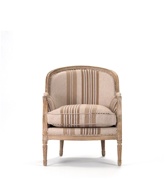 Roland Club armchair, one-seater, upholstered in natural polyester cotton with brown and beige stripes
