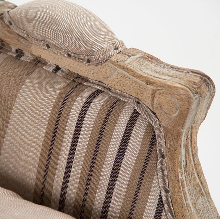 Roland Club armchair, one-seater, upholstered in natural polyester cotton with brown and beige stripes