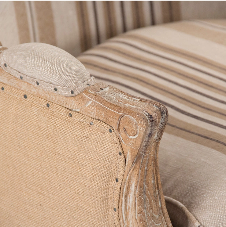 Roland Club armchair, one-seater, upholstered in natural polyester cotton with brown and beige stripes