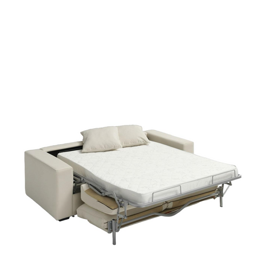 Mauri sofa bed, 3 seats 208cm upholstered in cream-colored leatherette with 140cm mattress
