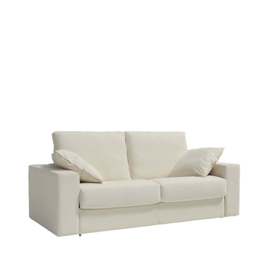 Mauri sofa bed, 3 seats 208cm upholstered in cream-colored leatherette with 140cm mattress
