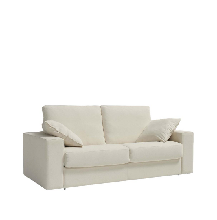 Mauri sofa bed, 3 seats 208cm upholstered in cream-colored leatherette with 140cm mattress