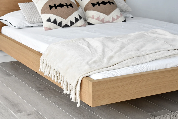 AREN bed base in natural oak with hidden metal leg 